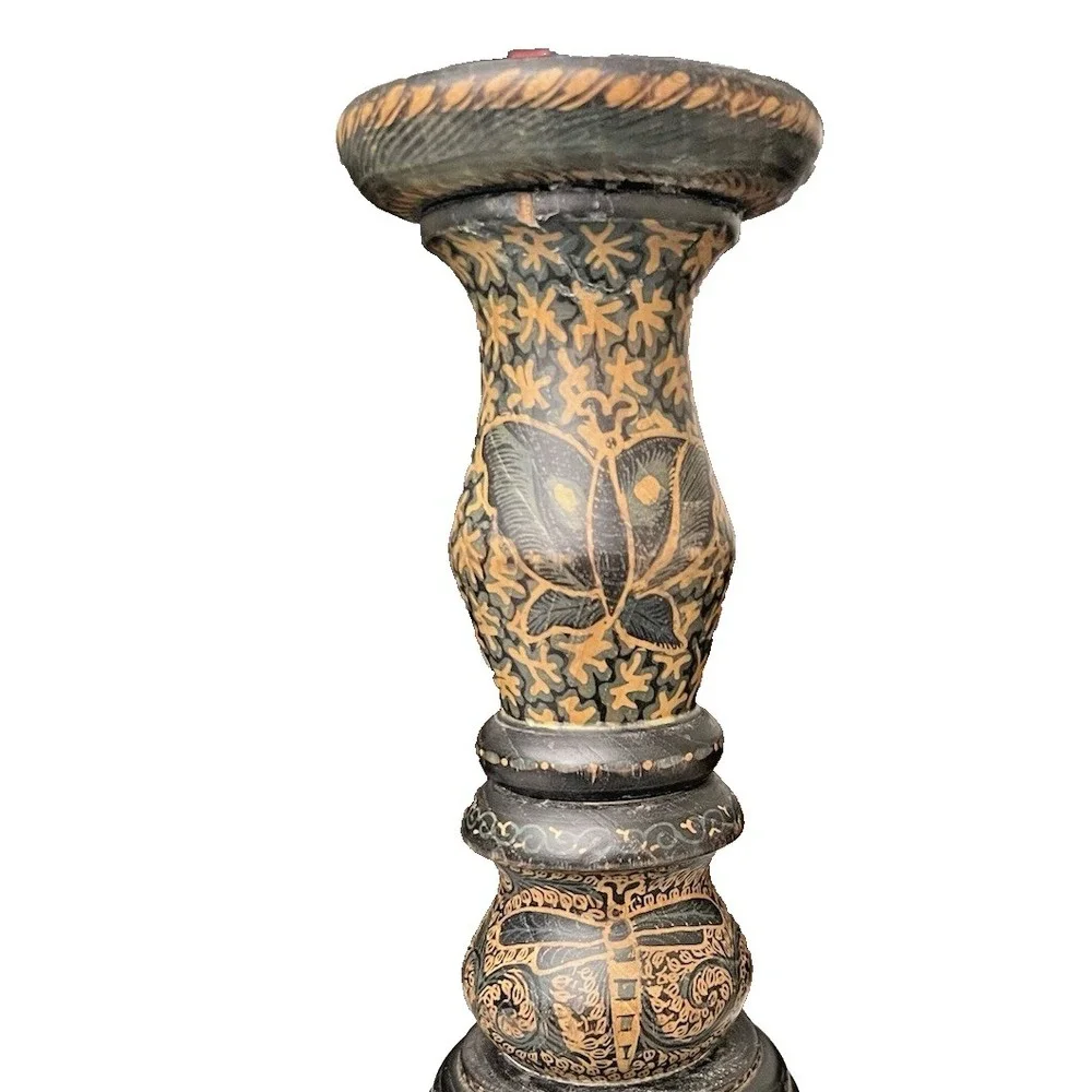 Vtg Indonesian Hand Carved Wooden‎ Batik Butterfly Dragonfly Candle Holders 2pc